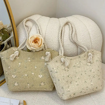 Women’s Straw Handbag with Lace – Casual Chic, Large Capacity Shoulder Bag