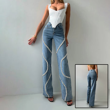 Jeans with a denim design featuring rhinestones around