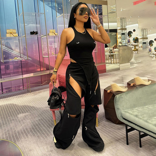 Wide Pants with Multiple Zippers and Pockets