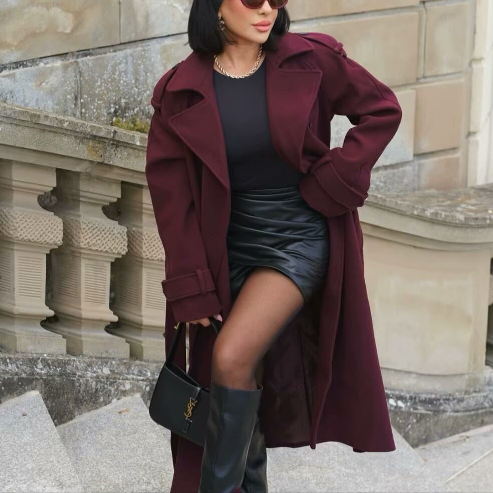 Women's Wool Coat with Belt and Lapel Collar