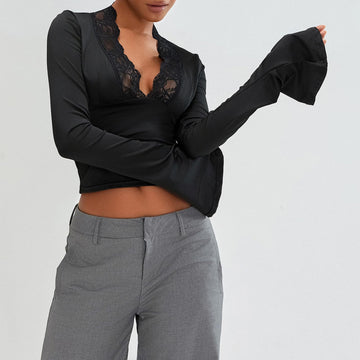 Slim Lace Top – Trumpet Sleeve V-neck Long Sleeve