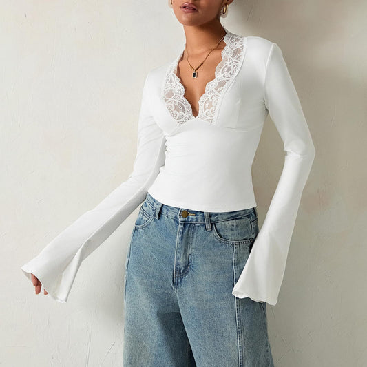 Slim Lace Top – Trumpet Sleeve V-neck Long Sleeve