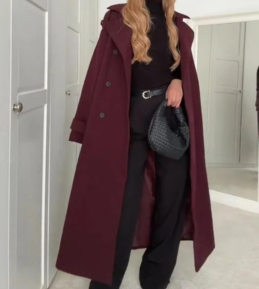 Women's Wool Coat with Belt and Lapel Collar