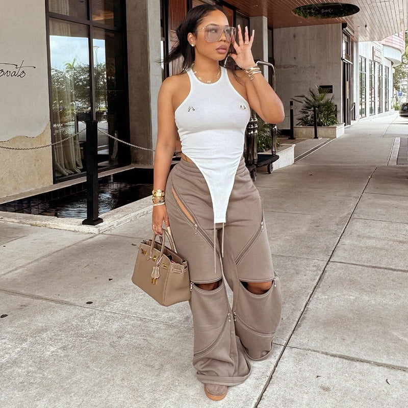 Wide Pants with Multiple Zippers and Pockets