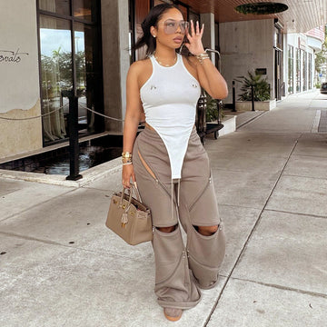 Wide Pants with Multiple Zippers and Pockets