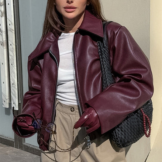 Casual Leather Jacket – Zipper & Lapel Collar