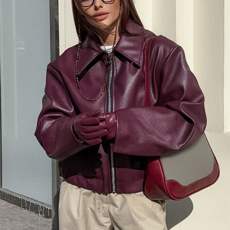 Casual Leather Jacket – Zipper & Lapel Collar