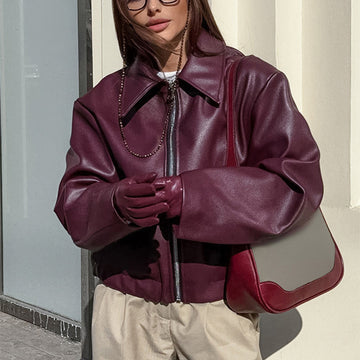 Casual Leather Jacket – Zipper & Lapel Collar